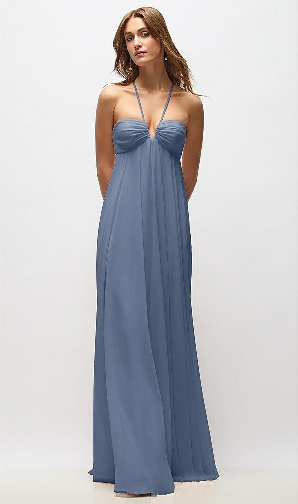 Back View - Larkspur Blue Empire Waist Chiffon Halter Maxi Dress with Convertible Spaghetti Straps