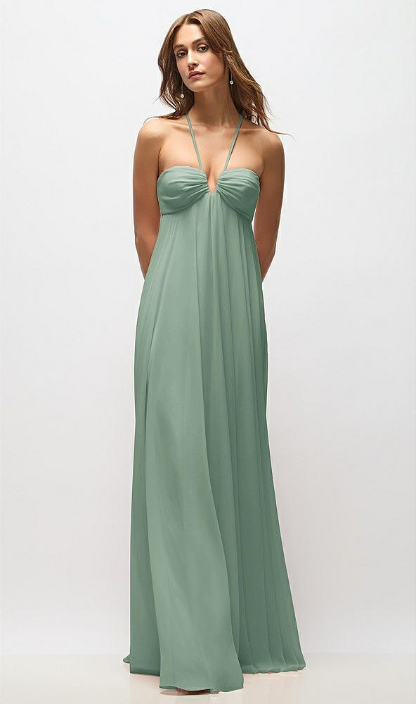 Back View - Seagrass Empire Waist Chiffon Halter Maxi Dress with Convertible Spaghetti Straps