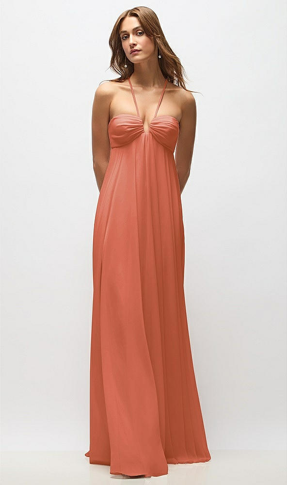 Back View - Terracotta Copper Empire Waist Chiffon Halter Maxi Dress with Convertible Spaghetti Straps