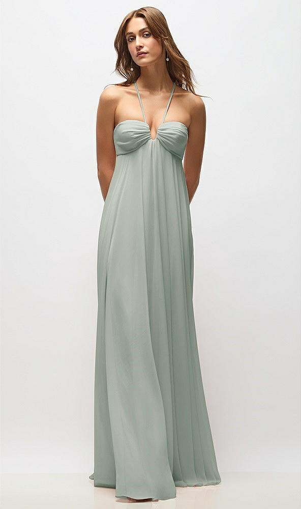 Back View - Willow Green Empire Waist Chiffon Halter Maxi Dress with Convertible Spaghetti Straps