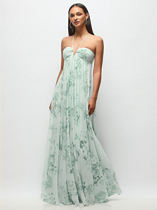 Empire Waist Floral Chiffon Halter Maxi Dress with Convertible Spaghetti Straps