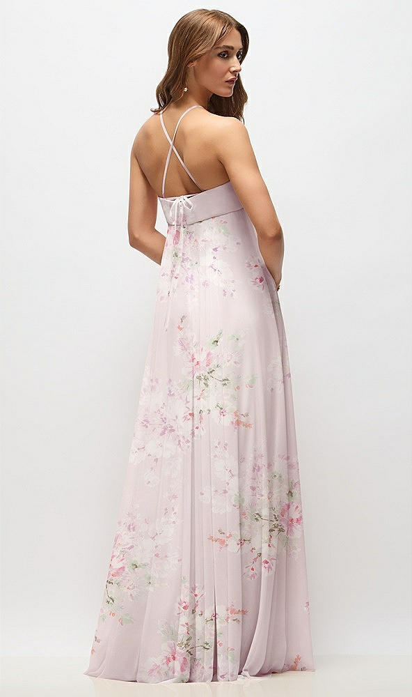 Back View - Watercolor Print Empire Waist Floral Chiffon Halter Maxi Dress with Convertible Spaghetti Straps