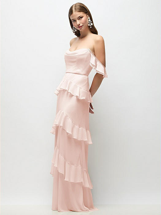 Off-the-Shoulder Cowl Chiffon Tiered Ruffle Maxi Dress with Convertible Ruffle Straps