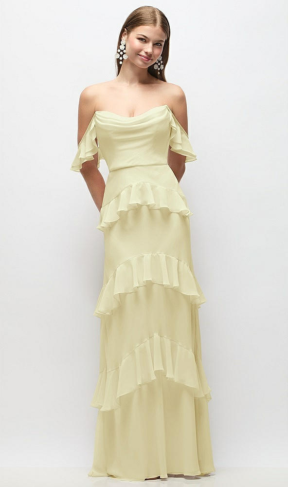 Back View - Butter Yellow Off-the-Shoulder Cowl Chiffon Tiered Ruffle Maxi Dress with Convertible Ruffle Straps