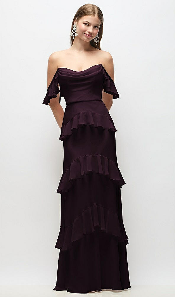 Back View - Deep Plum Off-the-Shoulder Cowl Chiffon Tiered Ruffle Maxi Dress with Convertible Ruffle Straps