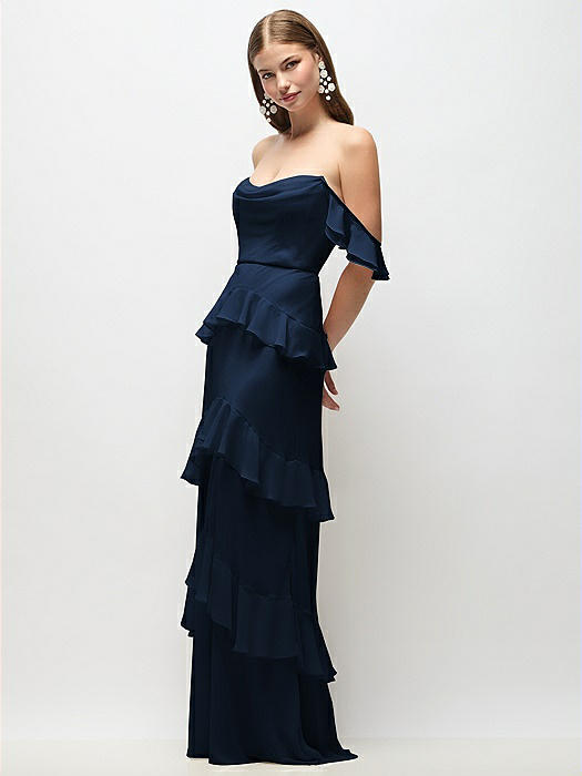 Off-the-Shoulder Cowl Chiffon Tiered Ruffle Maxi Dress with Convertible Ruffle Straps