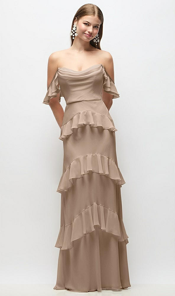 Back View - Topaz Off-the-Shoulder Cowl Chiffon Tiered Ruffle Maxi Dress with Convertible Ruffle Straps