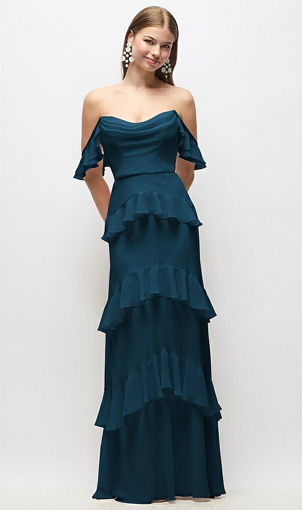 Back View - Atlantic Blue Off-the-Shoulder Cowl Chiffon Tiered Ruffle Maxi Dress with Convertible Ruffle Straps