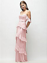 Front View Thumbnail - Ballet Pink Off-the-Shoulder Cowl Chiffon Tiered Ruffle Maxi Dress with Convertible Ruffle Straps