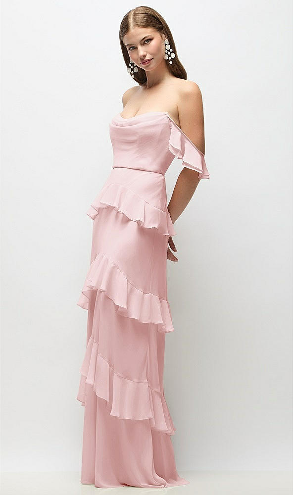Front View - Ballet Pink Off-the-Shoulder Cowl Chiffon Tiered Ruffle Maxi Dress with Convertible Ruffle Straps