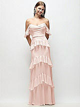 Rear View Thumbnail - Blush Off-the-Shoulder Cowl Chiffon Tiered Ruffle Maxi Dress with Convertible Ruffle Straps