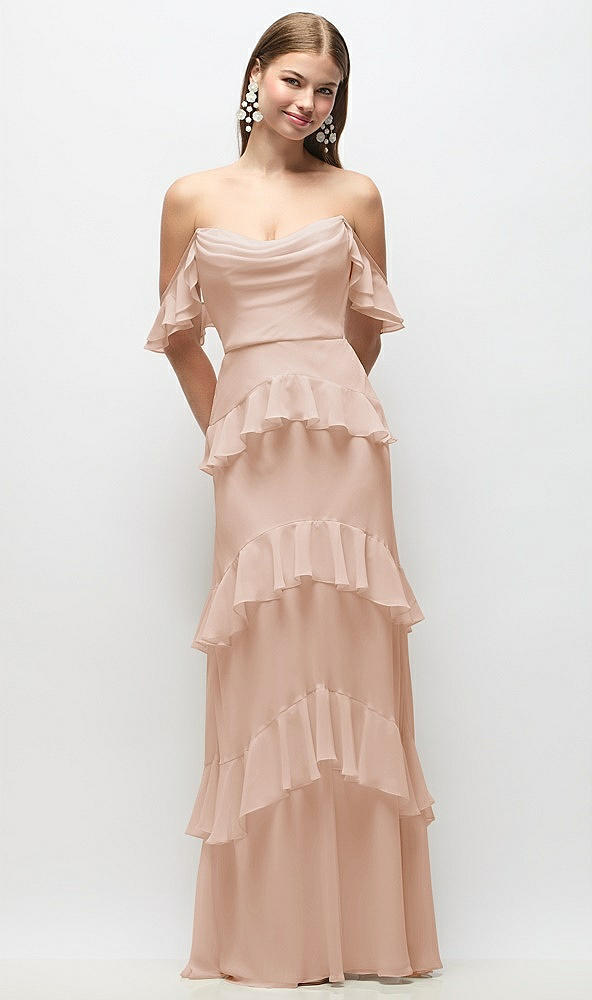 Back View - Cameo Off-the-Shoulder Cowl Chiffon Tiered Ruffle Maxi Dress with Convertible Ruffle Straps