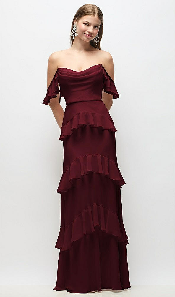 Back View - Cabernet Off-the-Shoulder Cowl Chiffon Tiered Ruffle Maxi Dress with Convertible Ruffle Straps