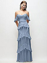 Rear View Thumbnail - Cloudy Off-the-Shoulder Cowl Chiffon Tiered Ruffle Maxi Dress with Convertible Ruffle Straps