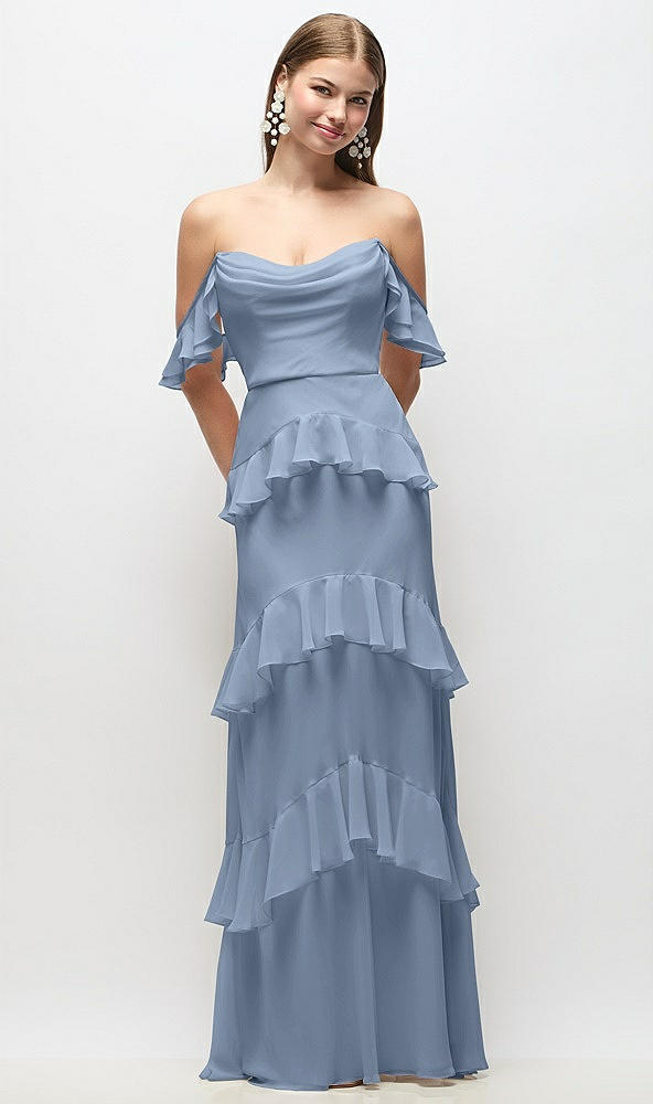 Back View - Cloudy Off-the-Shoulder Cowl Chiffon Tiered Ruffle Maxi Dress with Convertible Ruffle Straps