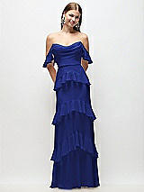 Rear View Thumbnail - Cobalt Blue Off-the-Shoulder Cowl Chiffon Tiered Ruffle Maxi Dress with Convertible Ruffle Straps