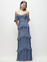 Rear View Thumbnail - Larkspur Blue Off-the-Shoulder Cowl Chiffon Tiered Ruffle Maxi Dress with Convertible Ruffle Straps