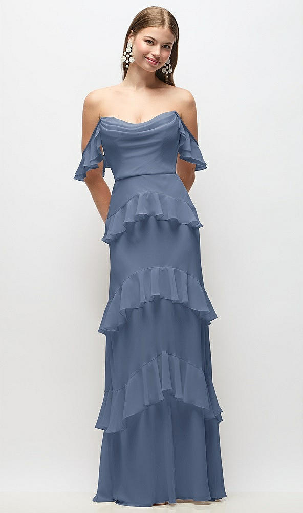 Back View - Larkspur Blue Off-the-Shoulder Cowl Chiffon Tiered Ruffle Maxi Dress with Convertible Ruffle Straps