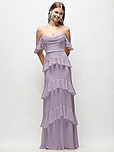 Rear View Thumbnail - Lilac Haze Off-the-Shoulder Cowl Chiffon Tiered Ruffle Maxi Dress with Convertible Ruffle Straps