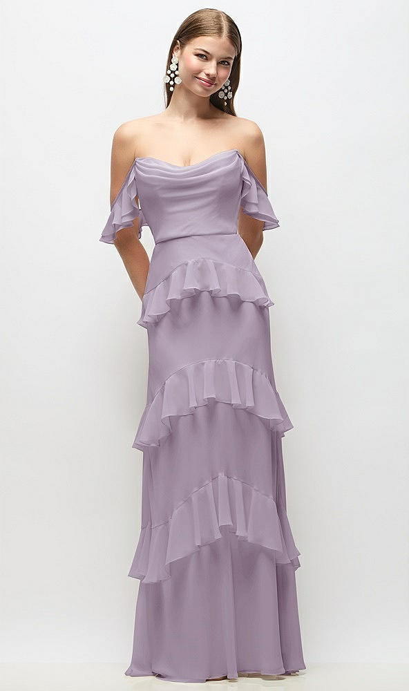 Back View - Lilac Haze Off-the-Shoulder Cowl Chiffon Tiered Ruffle Maxi Dress with Convertible Ruffle Straps