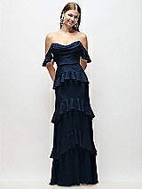 Rear View Thumbnail - Midnight Navy Off-the-Shoulder Cowl Chiffon Tiered Ruffle Maxi Dress with Convertible Ruffle Straps