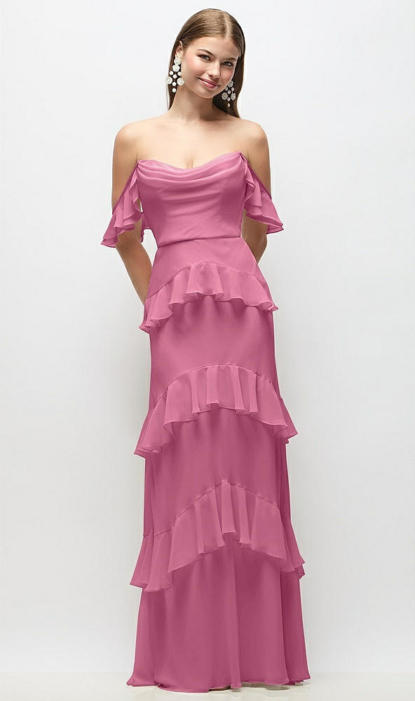 Back View - Orchid Pink Off-the-Shoulder Cowl Chiffon Tiered Ruffle Maxi Dress with Convertible Ruffle Straps