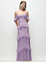 Rear View Thumbnail - Pale Purple Off-the-Shoulder Cowl Chiffon Tiered Ruffle Maxi Dress with Convertible Ruffle Straps
