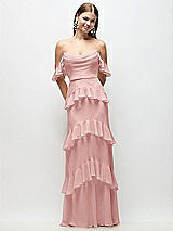 Rear View Thumbnail - Rose Off-the-Shoulder Cowl Chiffon Tiered Ruffle Maxi Dress with Convertible Ruffle Straps