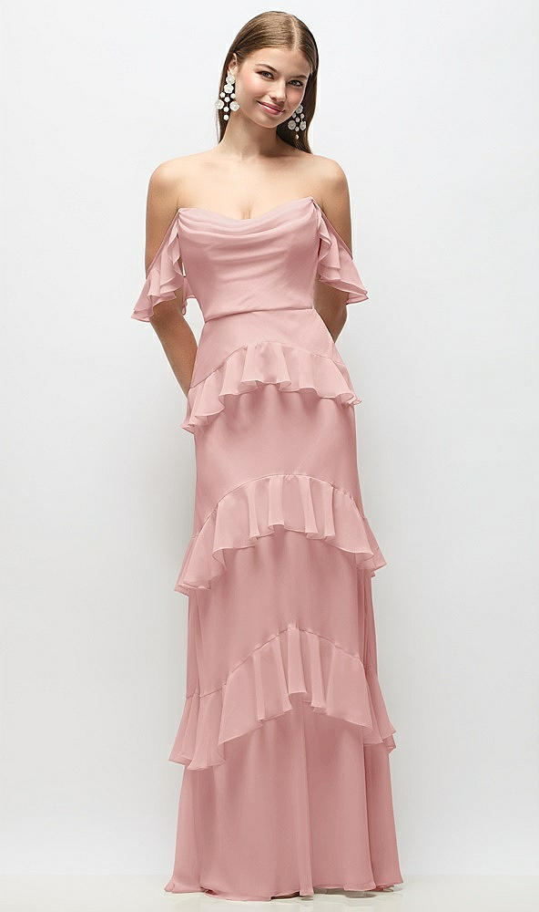 Back View - Rose Off-the-Shoulder Cowl Chiffon Tiered Ruffle Maxi Dress with Convertible Ruffle Straps