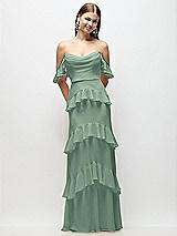 Rear View Thumbnail - Seagrass Off-the-Shoulder Cowl Chiffon Tiered Ruffle Maxi Dress with Convertible Ruffle Straps