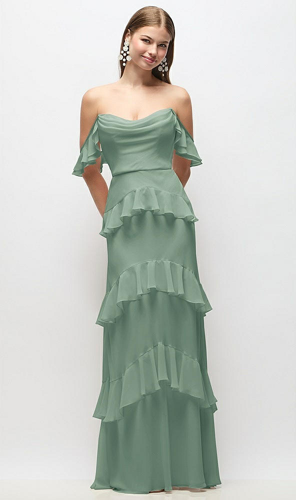 Back View - Seagrass Off-the-Shoulder Cowl Chiffon Tiered Ruffle Maxi Dress with Convertible Ruffle Straps
