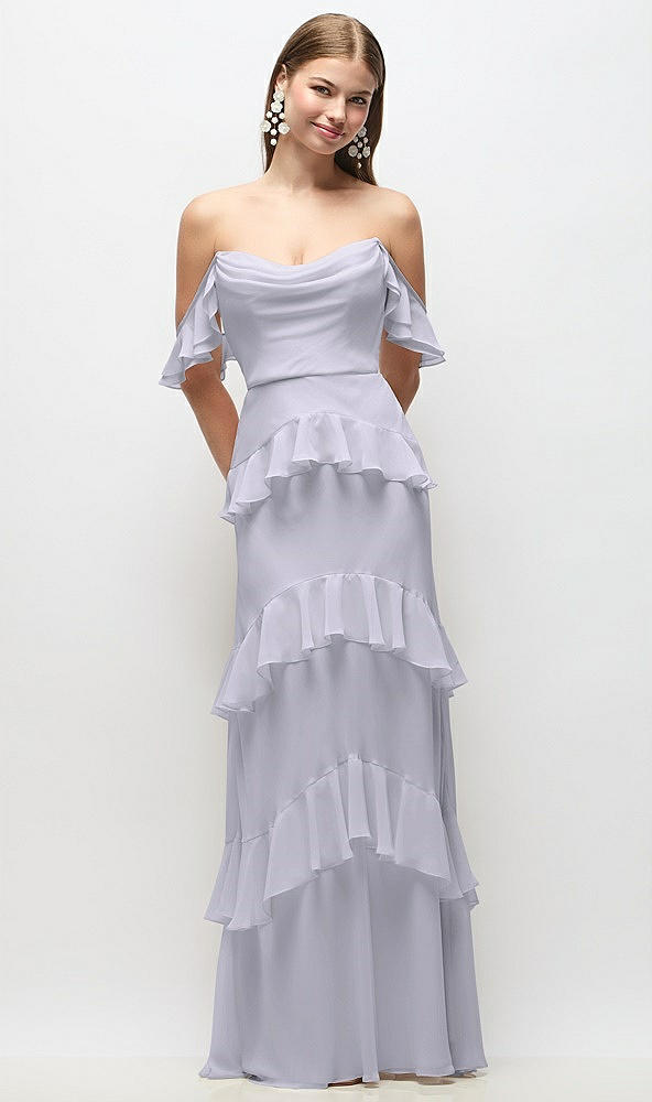 Back View - Silver Dove Off-the-Shoulder Cowl Chiffon Tiered Ruffle Maxi Dress with Convertible Ruffle Straps