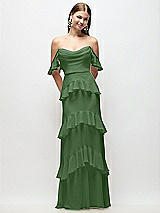 Rear View Thumbnail - Vineyard Green Off-the-Shoulder Cowl Chiffon Tiered Ruffle Maxi Dress with Convertible Ruffle Straps