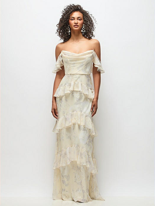 Off-the-Shoulder Cowl Floral Chiffon Tiered Ruffle Maxi Dress with Convertible Ruffle Straps