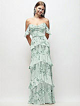 Front View Thumbnail - Mint Green Floral Off-the-Shoulder Cowl Floral Chiffon Tiered Ruffle Maxi Dress with Convertible Ruffle Straps