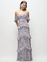 Front View Thumbnail - Butterfly Botanica Silver Dove Off-the-Shoulder Cowl Floral Chiffon Tiered Ruffle Maxi Dress with Convertible Ruffle Straps