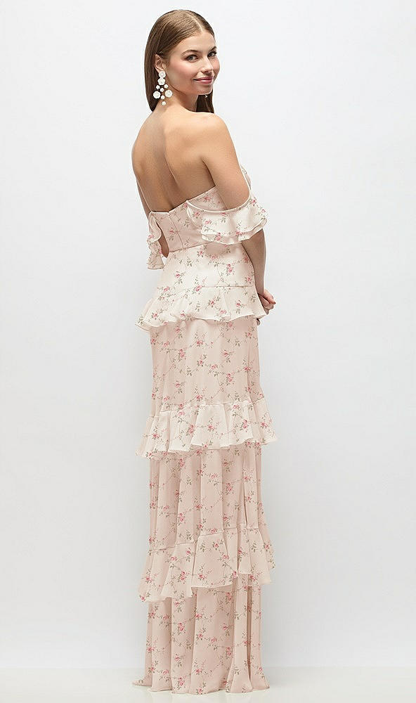 Back View - Coquette Floral Print Off-the-Shoulder Cowl Floral Chiffon Tiered Ruffle Maxi Dress with Convertible Ruffle Straps