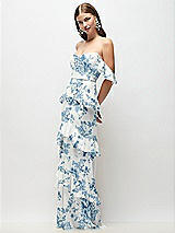 Side View Thumbnail - Cottage Rose Dusk Blue Off-the-Shoulder Cowl Floral Chiffon Tiered Ruffle Maxi Dress with Convertible Ruffle Straps