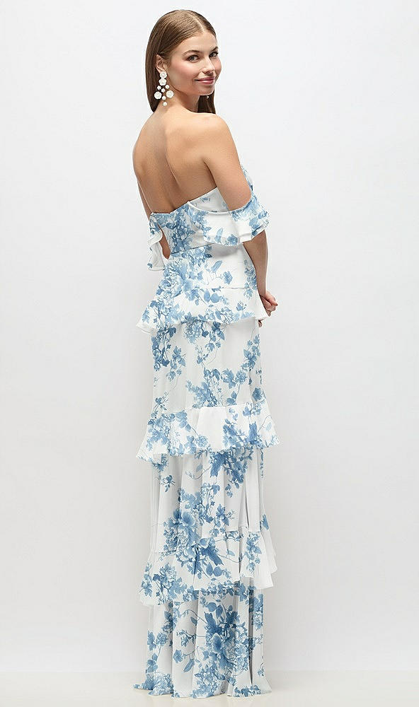 Back View - Cottage Rose Dusk Blue Off-the-Shoulder Cowl Floral Chiffon Tiered Ruffle Maxi Dress with Convertible Ruffle Straps