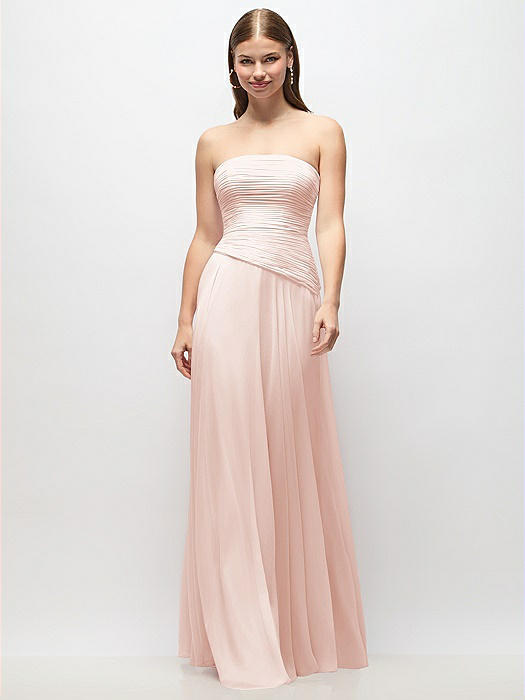 Strapless Chiffon Maxi Dress with Asymmetrical Ruched Drop Waist