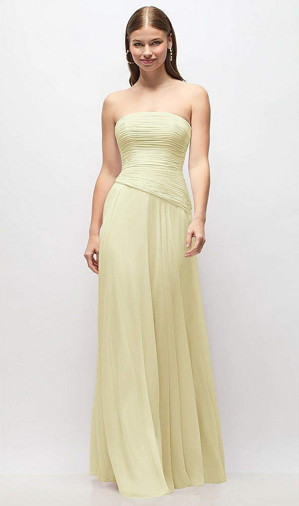 Front View - Butter Yellow Strapless Chiffon Maxi Dress with Asymmetrical Ruched Drop Waist
