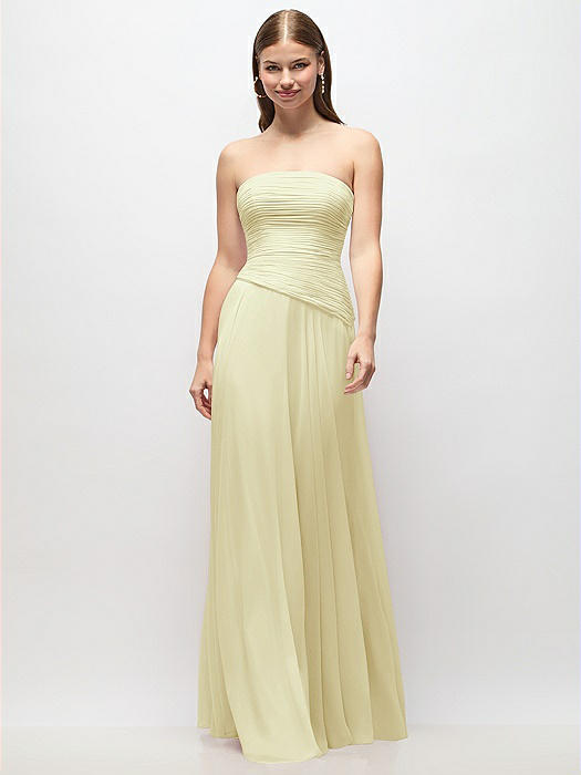 Strapless Chiffon Maxi Dress with Asymmetrical Ruched Drop Waist