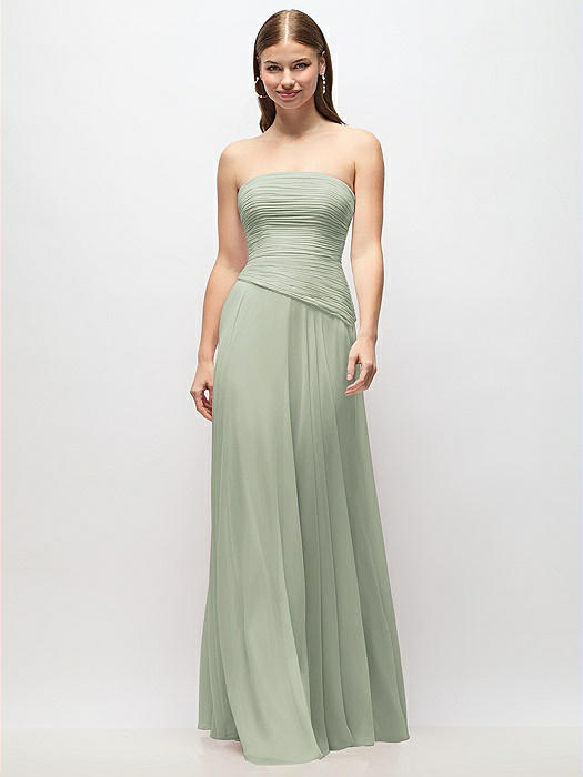 Strapless Chiffon Maxi Dress with Asymmetrical Ruched Drop Waist