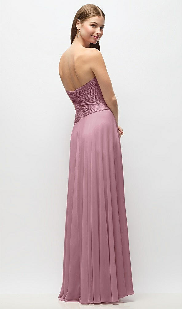 Back View - Dusty Pink Strapless Chiffon Maxi Dress with Asymmetrical Ruched Drop Waist