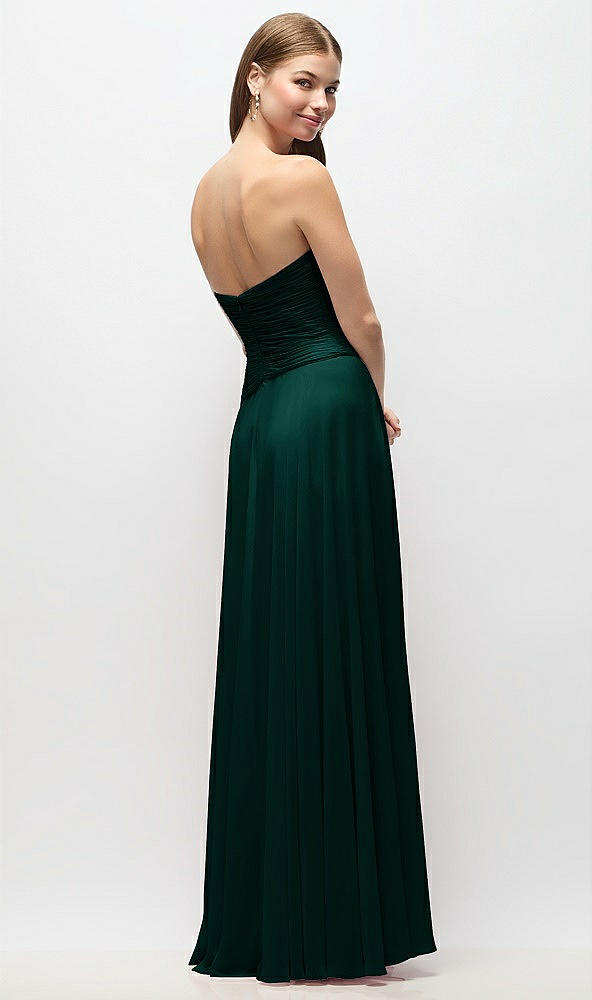 Back View - Evergreen Strapless Chiffon Maxi Dress with Asymmetrical Ruched Drop Waist