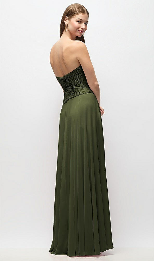 Back View - Olive Green Strapless Chiffon Maxi Dress with Asymmetrical Ruched Drop Waist