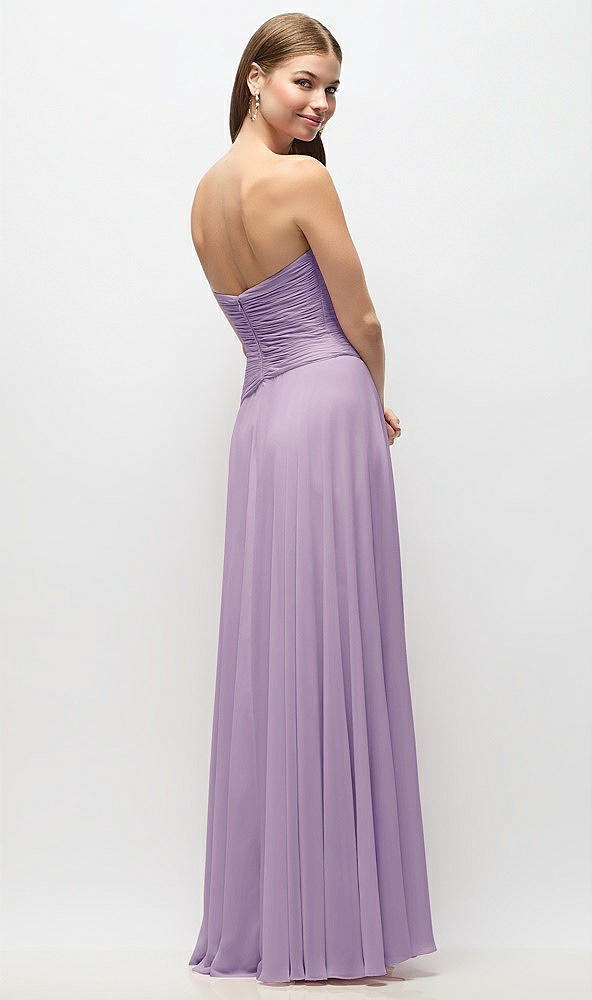 Back View - Pale Purple Strapless Chiffon Maxi Dress with Asymmetrical Ruched Drop Waist