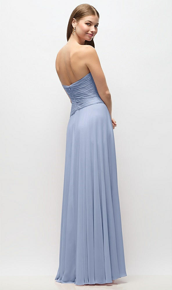 Back View - Sky Blue Strapless Chiffon Maxi Dress with Asymmetrical Ruched Drop Waist