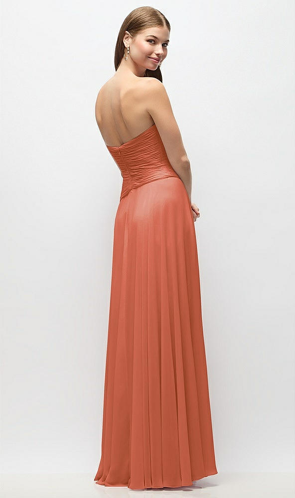 Back View - Terracotta Copper Strapless Chiffon Maxi Dress with Asymmetrical Ruched Drop Waist