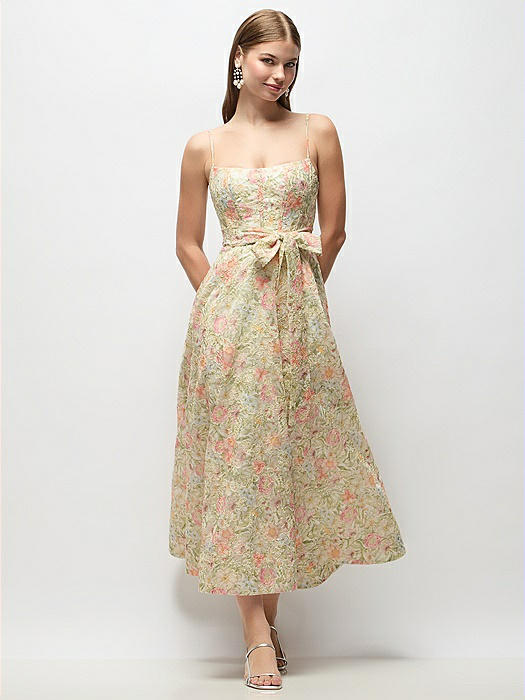 Floral Re-Embroidered Voile Boned Corset Midi Dress with Sash